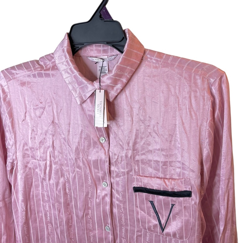 Victorias Secret Pajama Shirt Women’s Medium Pink Striped Button Up Silky top - Picture 3 of 9